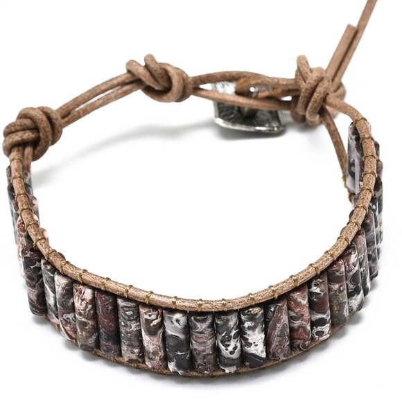 NWOT natural  leopard skin jasper Gems & Leather, handmade wrap bracelet GIFT - Picture 1 of 3